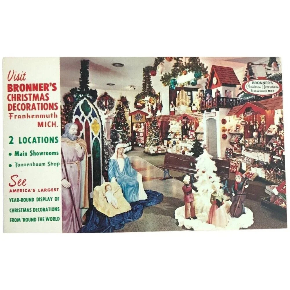 Vintage BRONNER'S 1969 Christmas Xmas Decorations Frankenmuth Michigan Postcard